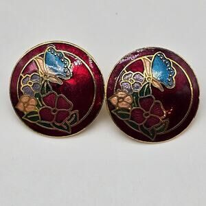 VTG Cloisonné Butterfly Flower Pierced  Earrings Round Burgundy Enamel Artisan